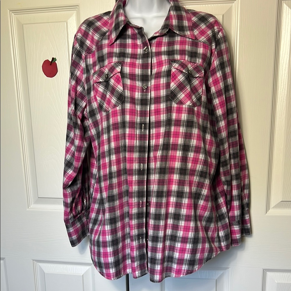 Izod Pink and Black Plaid Button Down Shirt